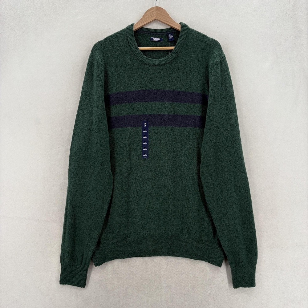 IZOD Sweater Mens Large Green Stripe Cotton Blend Crewneck Knit Pullover Casual